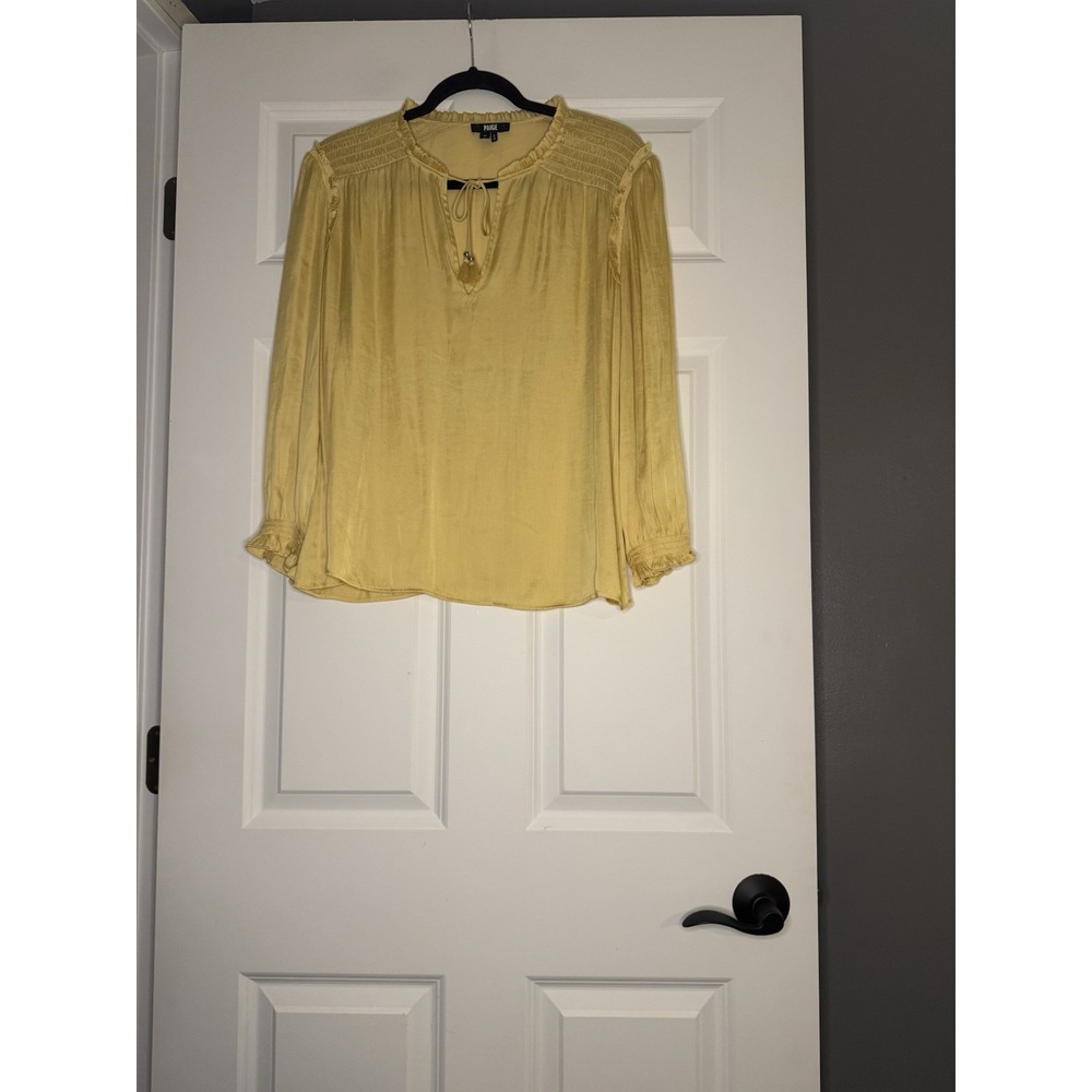 Paige Kaylynn Long Sleeve Blouse Tie Neck Matte Yellow Satin Medium